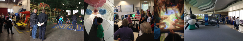 Collage of five images showing NOAA activites.  Images are tour of the mammel bone room, weather service rain distribution demo, ocean bouy demonstration, ocean environments, and weather service forecast office.