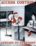 cx-0000-018.jpg - Santa Clause going through a security access door, showing his keycard to a security guard. Caption reads, "Access control applies to everyone".

