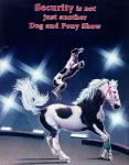 cx-25735-002.jpg	A dog jumping over a pony in a circus ring with flashing lights. Caption reads, "Security is not just another dog and pony show." 

