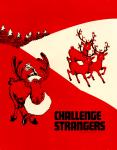 cx-6550-004  A red and white picture showing a group of three reindeer and a moose disguised as Santa Claus to the left.  The caption reads, "Challenge srtrangers."

