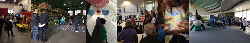 Collage of five images showing NOAA activites. Images are tour of the mammel bone room, weather service rain distribution demo, ocean bouy demonstration, ocean environments, and weather service forecast office.