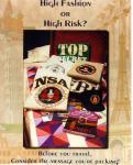 97b.jpg - Books, T-shirts, and sweatshirts lying on a bed with various designs and messages on them including, "TOP SECRET", "NATIONAL SECURITY AGENCY", and "Russia & Eastern Europe". Caption reads, "High Fashion or High Risk? Before you travel, Consider the message you're packing!"

