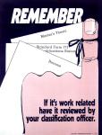 cx-0000-020.jpg - Papers with various headings such as "Master's Thesis" and "Resume". Cartoon finger with string tied around it sits in foreground. Caption reads, "Remember if it's work related, have it reviewed by your classification officer."

