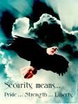 cx-23293-001.jpg	Bald eagle flying in the sky. Caption reads, "Security mean, pride, strength, liberty". 

