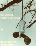 cx-6288-022  A black and pale blue picture showing a telephone receiver hanging by a noose.  The caption reads, "For repeated security violations or.do we have the wrong culprit?"

