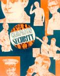cx-6550-013  A blue background with orange drawings of various people arrainged around the poster.  In the middle there is a round symbol with the caption, "Campaign Security."

