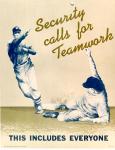 cx-6803-012.jpg-A picture of a baseball player sliding into base, while the opponent is throwing the ball.  It says, "Security calls for teamwork, this included everyone."

