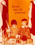 cx-7355-027.jpg-Two little girls are standing in the doorway of a closet full of Christmas presents. The caption reads, "Secrets must be protected."

