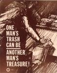 cx-7355-028.jpg-A picture of a man rummaging through a tin garbage can in the dark.  The caption reads, "One man's trash can be another man's treasure!"


